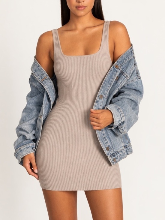Altar'd State Dresses & Skirts - Altar’d State | Taupe Ribbed Square Neck Bodycon Mini Dress Size Large